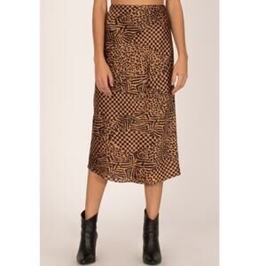 Amuse Society High Rise‎ Midi Skirt Size S Tan Brown Black Leopard Animal Geo
